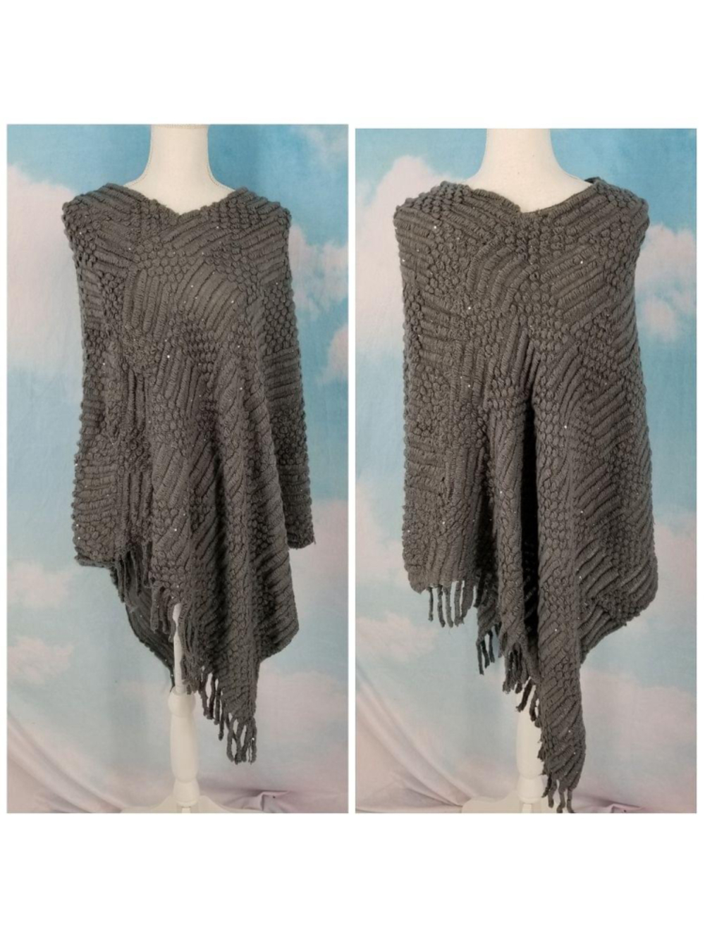 Vertigo Sequin Poncho NWT Gray Fringe Knit One Size Shimmer Wrap Sweater